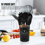 Cooking Utensils Set of 12 Silicone Kitchen Utensils With Solid Wood Handles and a Holder Bucket