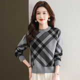 Women's Plaid O-Neck Pullover Casual Winter Sweater