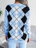 Casual V-Neck Diamond Plaid Pattern Sweater