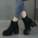 Women's Suede Chunky Heel Slip On Winter Boots