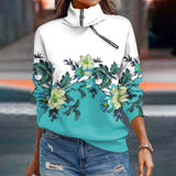 Women's Floral Print Zip Skew Collar Pullover Sweatshirt