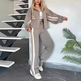 Women's Lapel Zipper Coat High Waist Pant Striped Print Tracksuit