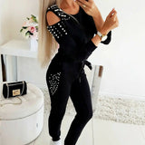 Women's Off The Shoulder Long Sleeved Stud Bead Sweatsuit