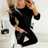 Women's Off The Shoulder Long Sleeved Stud Bead Sweatsuit