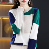 Women's O-Neck Color Blocked Cashmere Winter Sweater