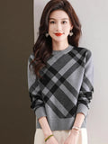 Women's Plaid O-Neck Pullover Casual Winter Sweater