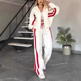 Women's Lapel Zipper Coat High Waist Pant Striped Print Tracksuit