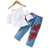 Kids White Top + Flower Hole Jeans