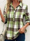 Ladies Plus Size Plaid Lapet Button Pullover Blouse