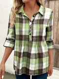 Ladies Plus Size Plaid Lapet Button Pullover Blouse