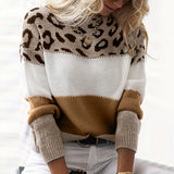 Leopard Print Color Blocked Round Neck Sweater Women