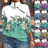 Women's Floral Print Zip Skew Collar Pullover Sweatshirt